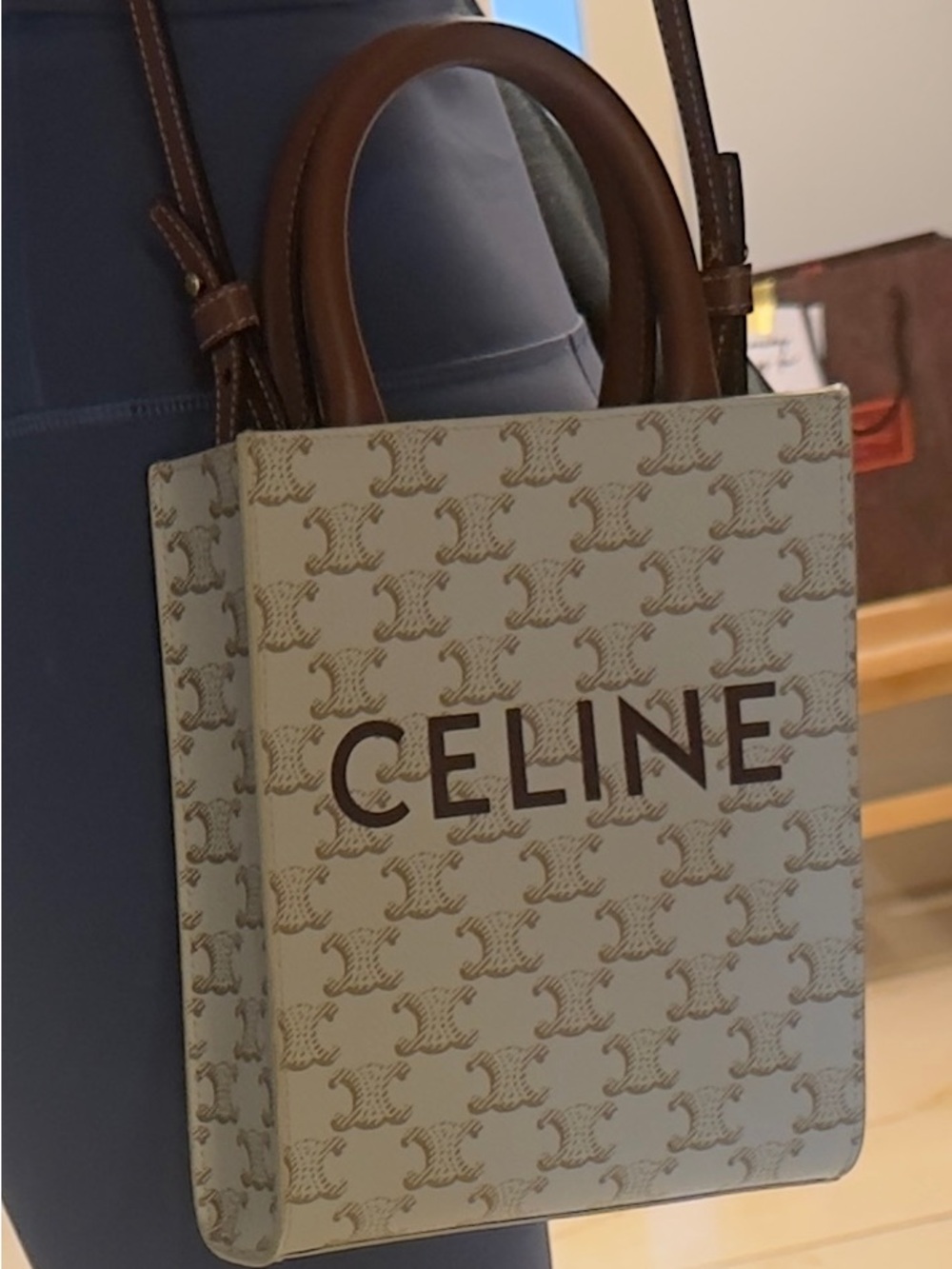 Celine Cream Canvas & Brown Leather Small Logo Tote - summer bag - worn 10x